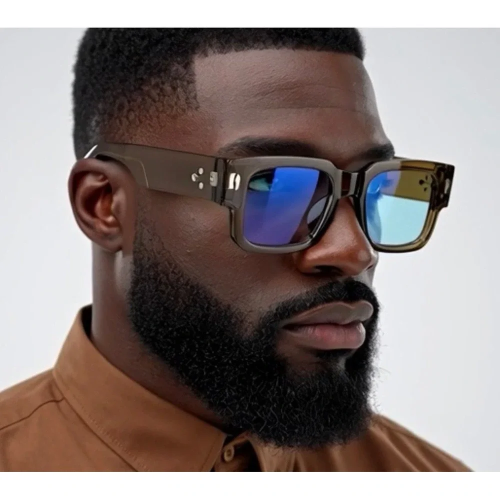 Stylish Mens Sunglasses Translucent Brown Frame Blue Lens Rectangular Modern New